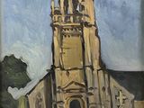 une peinture à l'huile représentant une église avec une tour horloge en son centre