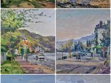 six paintings of a beach scene with a lighthouse in the distance and people walking on the beach