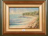 an oil painting of a beach scene with a boat in the water