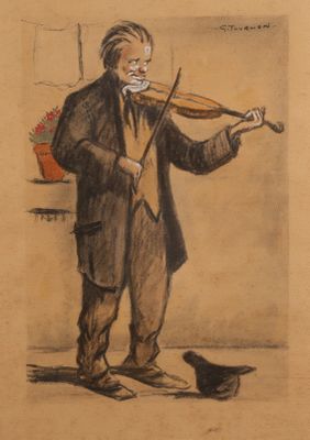 dessin représentant un homme jouant du violon, avec un oiseau posé au sol