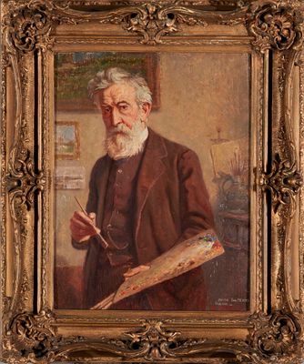 un vieux tableau représentant un homme barbu tenant un pinceau et une palette