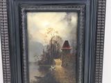 un vieux tableau représentant une scène de vie à la ferme, avec un chien et une maison