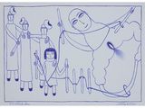 cartoon drawing of a group of people standing around a fence