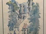 a picture of a painting of a church with a clock tower