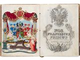 an open book with a drawing of a coat of arms and a coat of arms on it