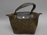 brown and green tweed purse with leather handles