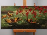 painting on easel of a painting of people in boats on a river