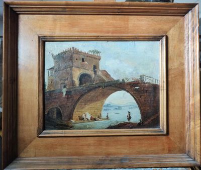 une peinture à l'huile représentant un pont enjambant un plan d'eau, sur lequel se trouvent des personnes