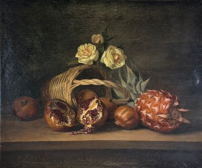 painting of a basket of pomegranates and other fruit on a table