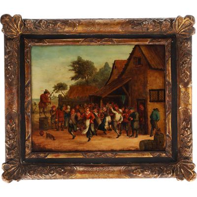 une peinture à l'huile représentant un groupe de personnes dansant devant une maison