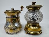 pair of antique brass and cut glass salt and pepper shakers