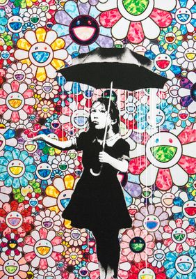 tableau représentant une jeune fille tenant un parapluie dans un champ de fleurs