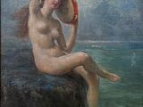 une peinture à l'huile représentant une femme nue assise sur un rocher dans l'eau