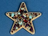 a close up of a star brooch on a blue surface
