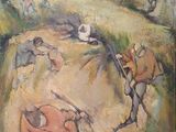 peinture représentant un tableau représentant un paysage avec des chevaux et des personnages