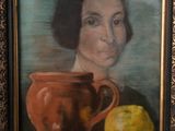 a painting of a woman holding a cup and a lemon