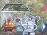 a painting of a variety of vases on a table