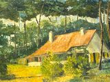 une peinture à l'huile représentant une maison dans les bois, avec des arbres en arrière-plan