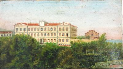 tableau représentant un grand bâtiment surmonté d'une horloge