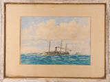 an old picture of a ship in the water with a sky background