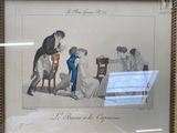 painting of a man and a woman sitting at a table talking to a child