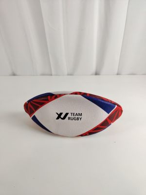 un gros plan d'un ballon de rugby posé sur une surface blanche