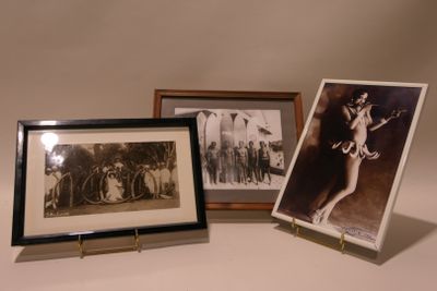 three framed photographs of a woman in a bathing suit and a picture of a man in a bathing suit