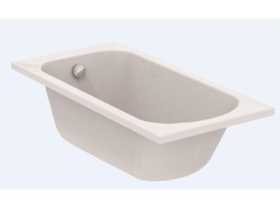 une baignoire blanche posée sur un plan de travail bleu