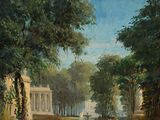 un tableau représentant un parc avec une fontaine et des arbres