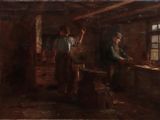 painting of two men working in a workshop, one of them is working on a piece of wood