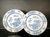 une paire d'assiettes bleues et blanches ornées de fleurs, posées sur une table