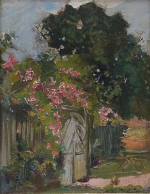 an image of a painting of a garden with a gate and flowers