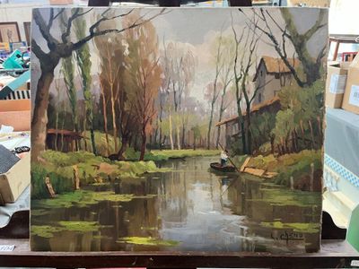 une photo d'un tableau représentant une rivière dans les bois
