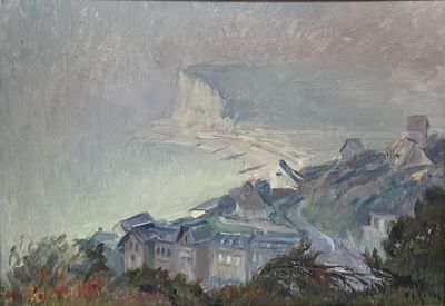 une peinture représentant une vue d'une ville depuis une colline