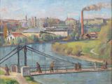 painting of a painting of a bridge over a river with a city in the background