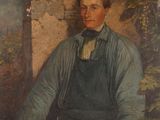painting of a man in a blue shirt and green apron