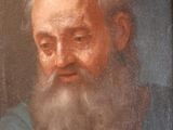 un vieux tableau représentant un homme à la longue barbe, vêtu d'une chemise bleue