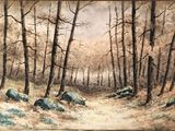an image of a painting of a wooded area with rocks and trees