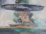 a painting of a fountain with a statue on it