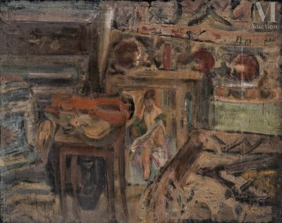 un tableau représentant une femme assise à une table dans une pièce