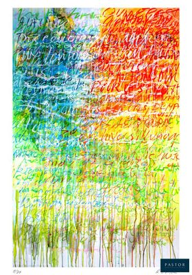 an abstract painting of trees and grass with a sky in the background