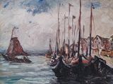 peinture de bateaux dans un port avec des bâtiments en arrière-plan
