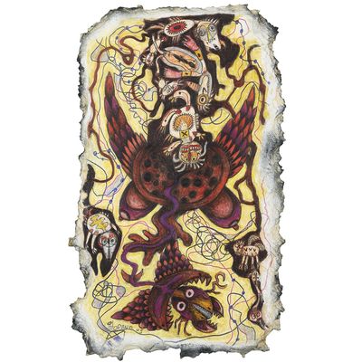 une image représentant un dessin d'un oiseau et d'un poisson sur une feuille de papier