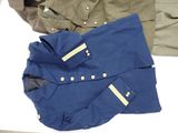a blue jacket and a tan jacket on a white table