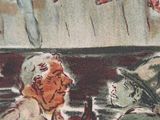 a drawing of a man sitting at a table with a dog