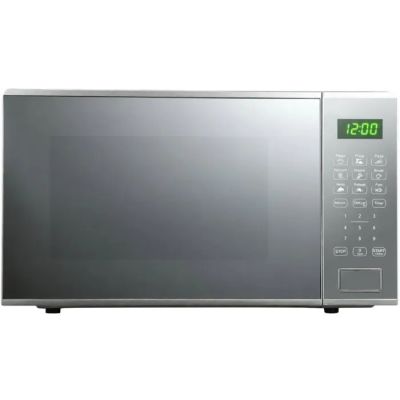 a silver microwave with a digital clock on the front
