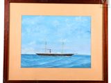 tableau à l'huile encadré représentant un bateau en mer par une journée ensoleillée