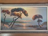 painting of a landscape with trees and a lake in the foreground
