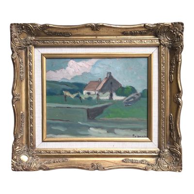 painting of a boat in a body of water with a house in the background