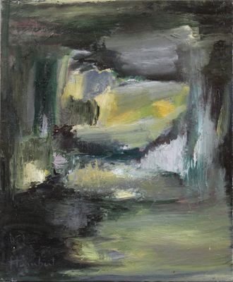 une peinture à l'huile représentant un homme dans un bateau sous un pont